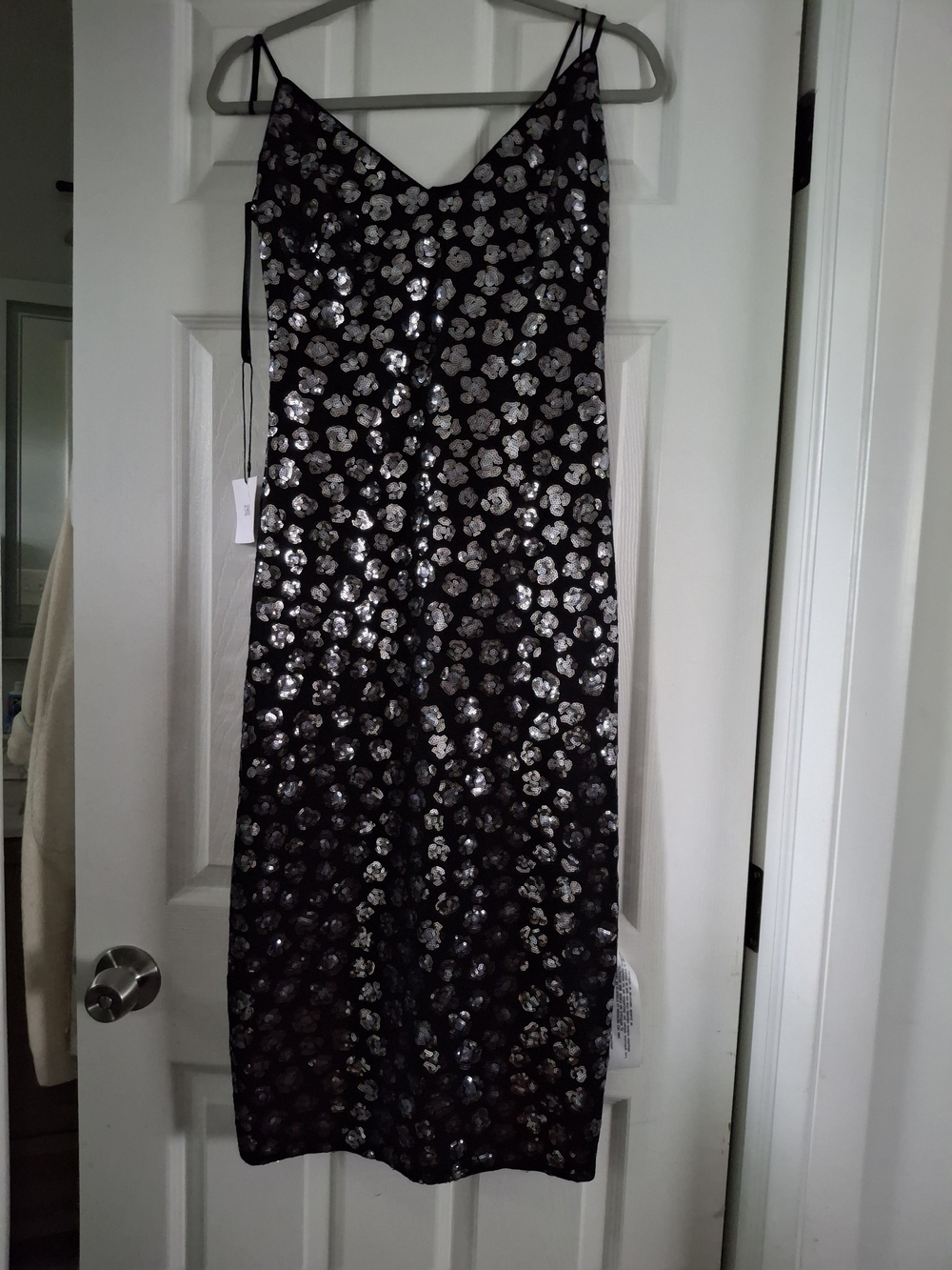 Black Slip Dress with Silver Floral Foil Accents